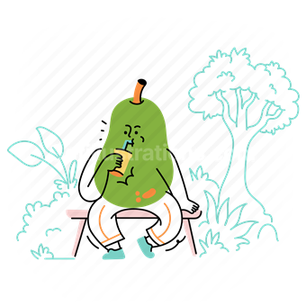 park, outdoors, drink, beverage, bench, pear